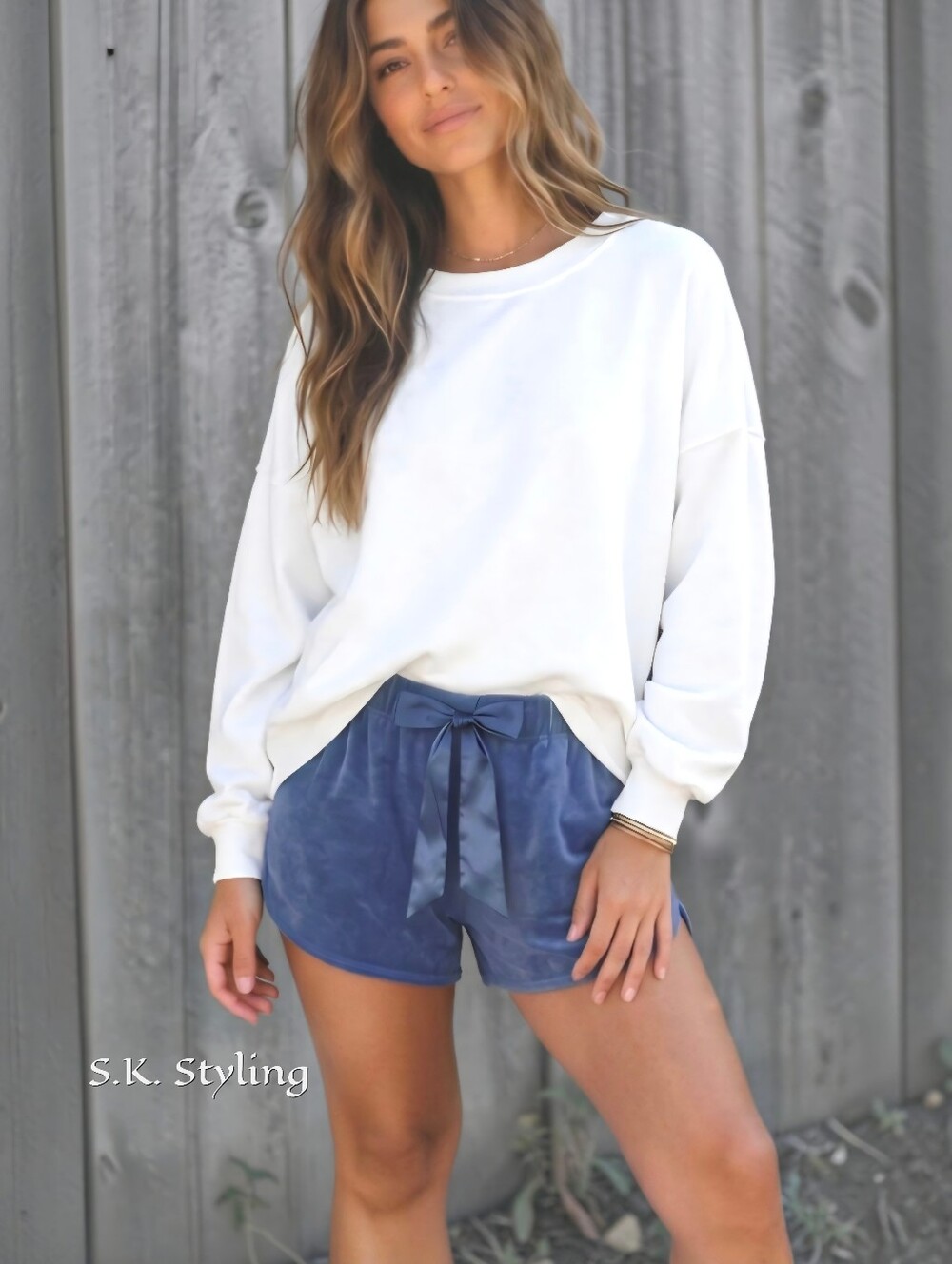 NWT Green Tea Denim Blue Velour Athleisure / Lounge Shorts Satin Tie Ribbon 2XL